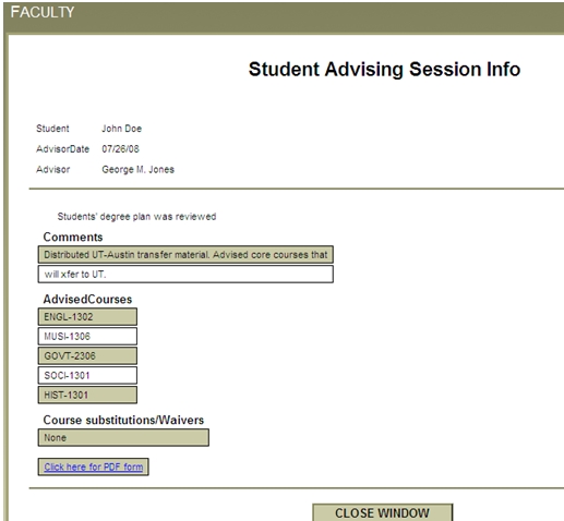Student Advising Session Info